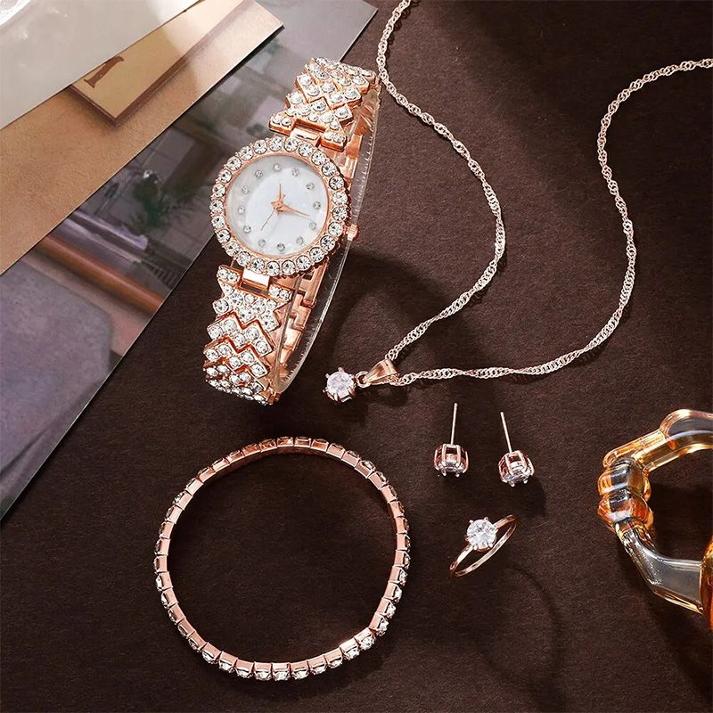 6PCS Set Luxury Watch Women Ring Necklace Earring Rhinestone Fashion Wristwatch Casual Ladies Watches Bracelet Set Clock