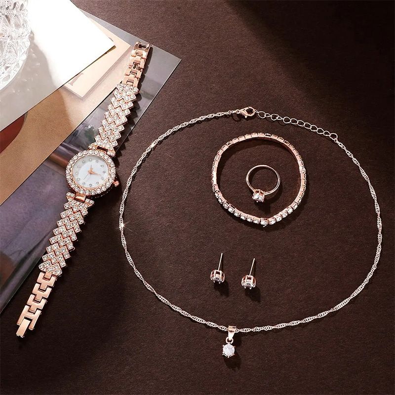 6PCS Set Luxury Watch Women Ring Necklace Earring Rhinestone Fashion Wristwatch Casual Ladies Watches Bracelet Set Clock