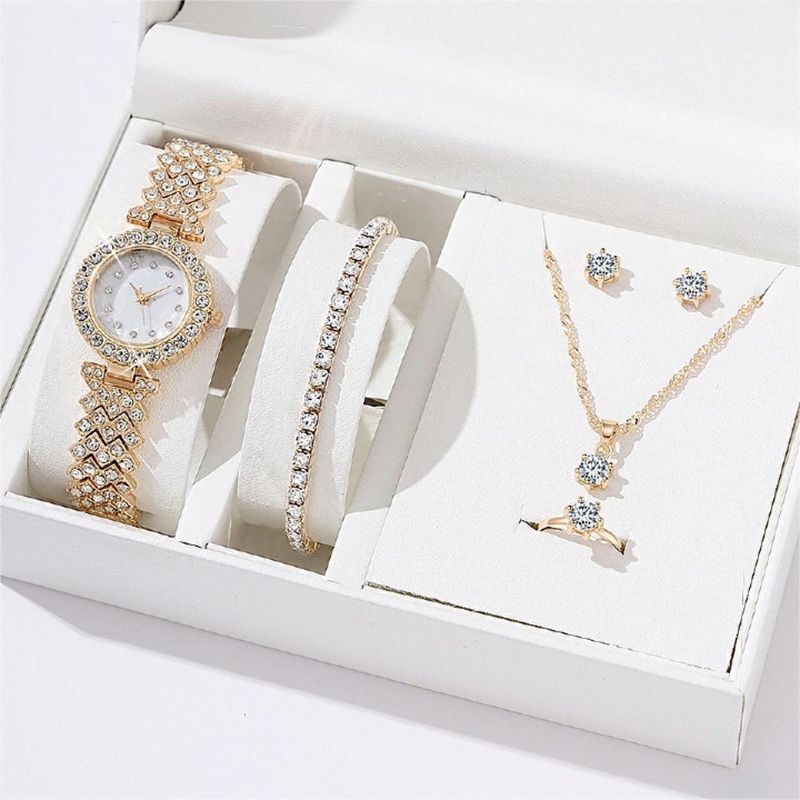 6PCS Set Luxury Watch Women Ring Necklace Earring Rhinestone Fashion Wristwatch Casual Ladies Watches Bracelet Set Clock