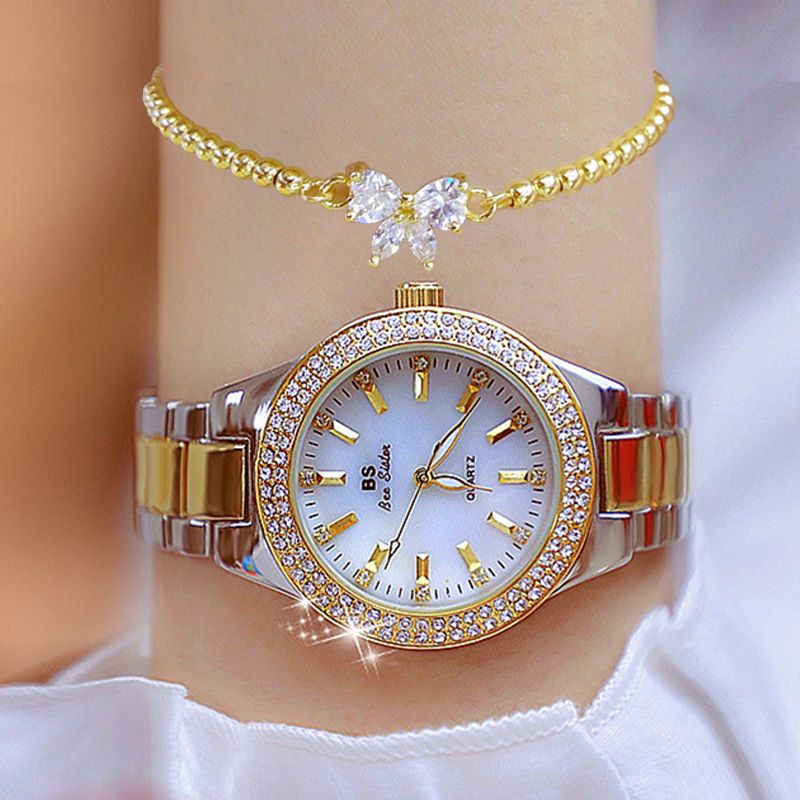 Women's Elegant Casual Goldn Watch Crystal Diamond Inlaid Watch Stainless Steel Silver  Quartz Watch Bracelet Set Gift for Wife
 Silver-gold