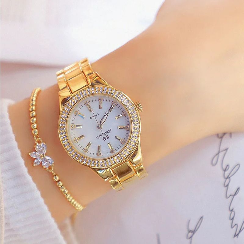 Women's Elegant Casual Goldn Watch Crystal Diamond Inlaid Watch Stainless Steel Silver  Quartz Watch Bracelet Set Gift for Wife