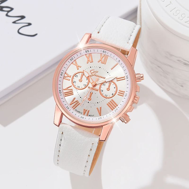 5PCS/Set White Women Watch Silver Rose Gold Roman Scale Dial Wristwatch Leather Strap Quartz Watch Jewelry Set Gift For Her