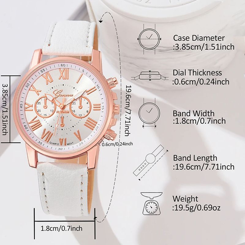 5PCS/Set White Women Watch Silver Rose Gold Roman Scale Dial Wristwatch Leather Strap Quartz Watch Jewelry Set Gift For Her