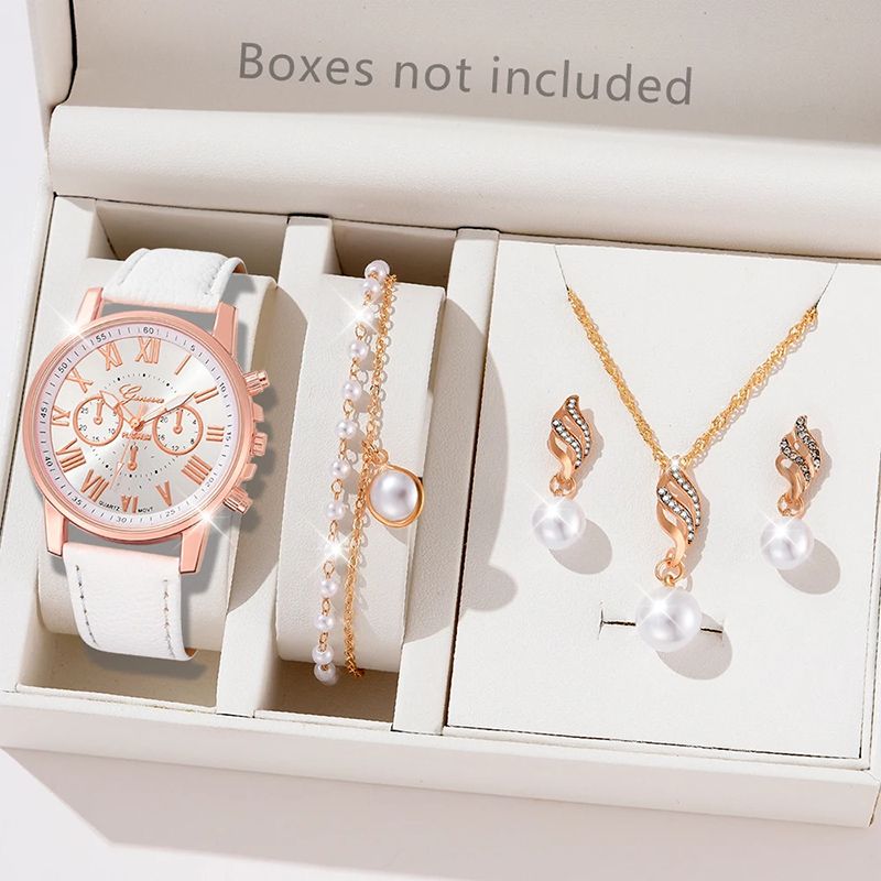 5PCS/Set White Women Watch Silver Rose Gold Roman Scale Dial Wristwatch Leather Strap Quartz Watch Jewelry Set Gift For Her White