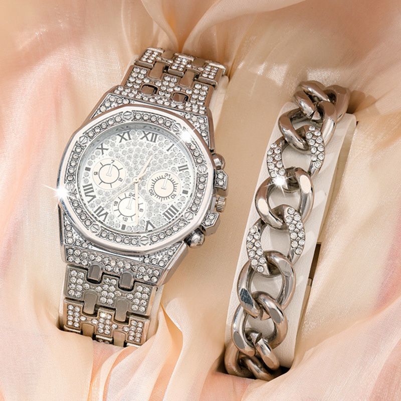 2Pcs Fashion Trend Luxury Luxury Hip Hop Three Eyes Rome Full Of Diamonds British Watch Atmospheric Diamond Bracelet Gift Set Silver