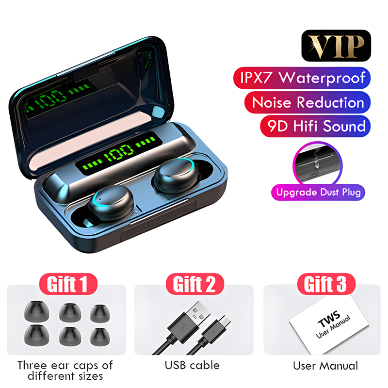 RichRipple F9 TWS V5.0 Bluetooth Earphone Wireless Stereo Sports Waterproof Bluetooth Earpods Mini Touch Control Noise Canceling Earbuds