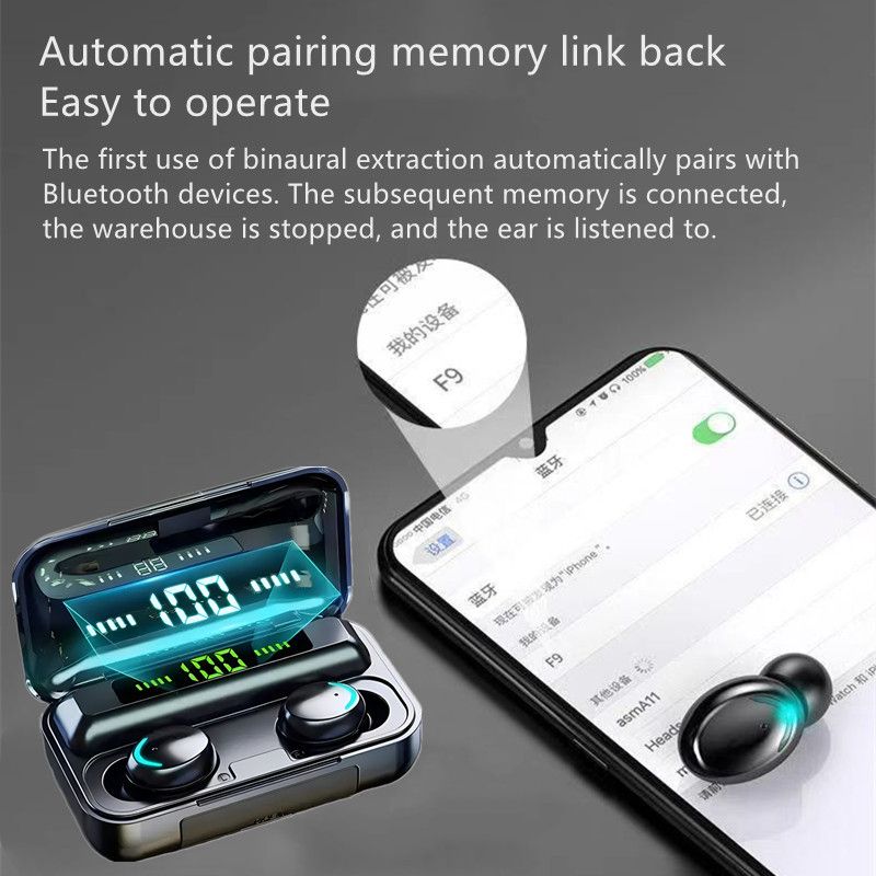 RichRipple F9 TWS V5.0 Bluetooth Earphone Wireless Stereo Sports Waterproof Bluetooth Earpods Mini Touch Control Noise Canceling Earbuds