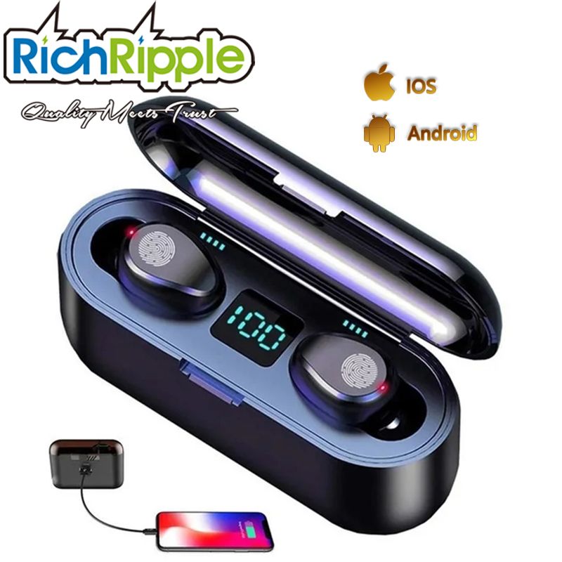 RichRipple F9 Dual Microphone Wireless Bluetooth Earphone 9D Earpods Stereo Music Touch Earbud With 400mAh Charging Box Black