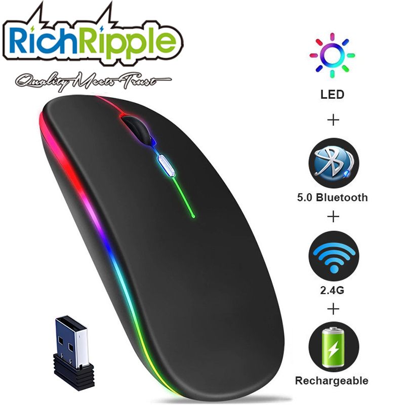 RichRipple Wireless RGB Mouse 2.4G Ergonomic Optical Mouse, Computer Mouse for Laptop, PC, Computer, Chromebook, Notebook, 6 Buttons, 24 Months Battery Life,Rechargeable,1600DPI,Gaming Mouse Black,one size