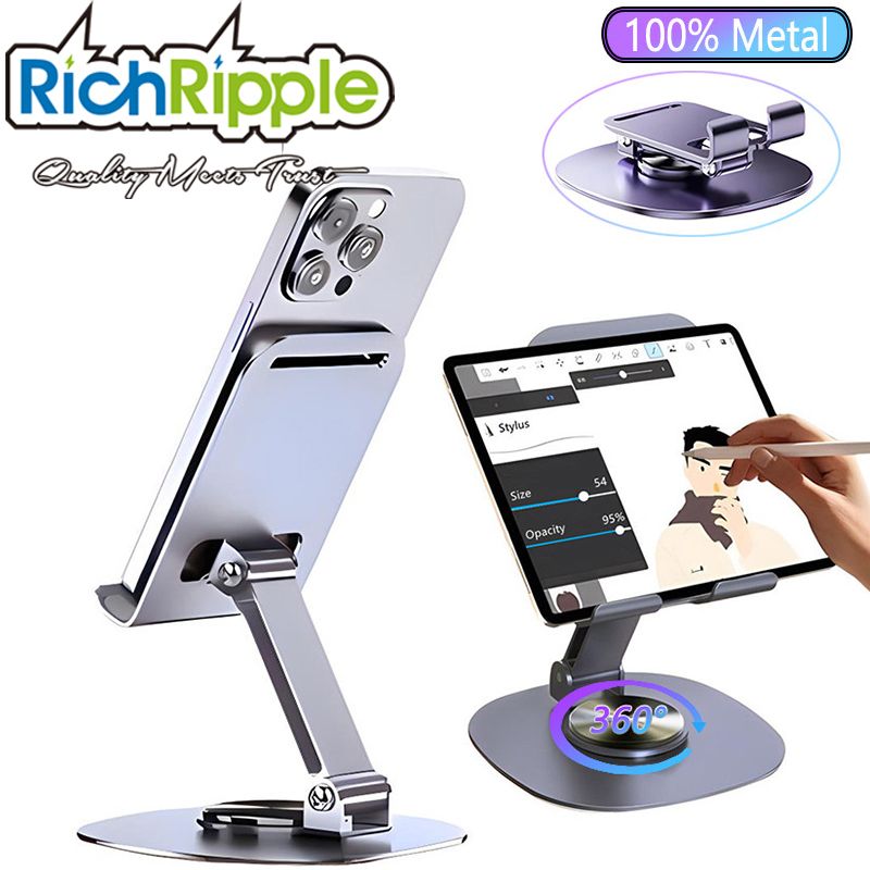 RichRipple 100% Metal Universal Desk Phone Holder Stand Adjustable 360°Rotating Desktop Flat Hold Foldable Portable Stand For Phone/Pad/Tablet Mounts & Stands as picture