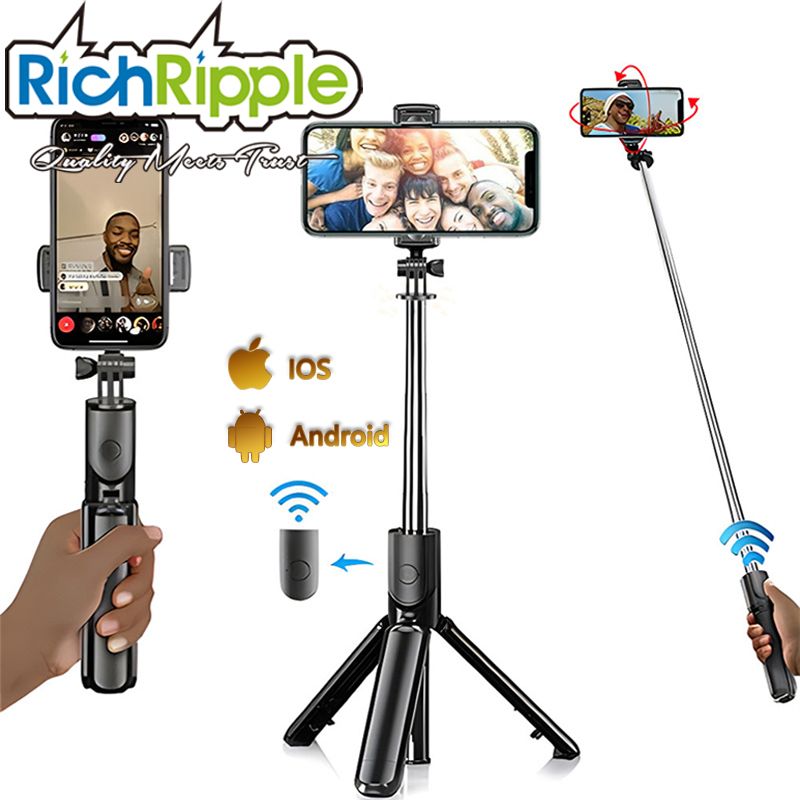 RichRipple 3 in 1 Integrated Monopod Tripod for Phone Portable be Folded Mini Selfie Stick Gimbal SLR Tripod Suitable Various Types of Phone Black No light,as picture