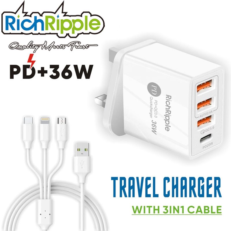 RichRipple 3 USB Port+1 Type-C Port 3.0 Faster Charger With Free Gift 3in1 Micro Type-c Apple plugs 2.0 Charging Cable White,one size