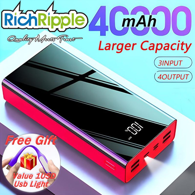 RichRipple Power Banks 40000mah iPhone LED Power Bank ExterBattery USB Large Capacity Mirror Screen Portable for all Phones  powerbank