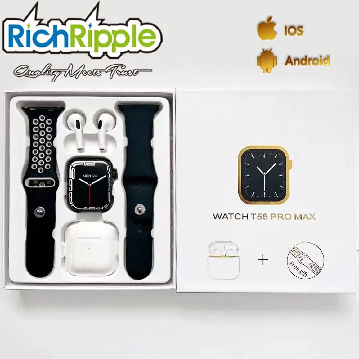 RichRipple 2 in 1 T55 Pro Max Smart Watch TWS Earphone in One Double Strap BT Call  Smart Watches Reloj 1.44 Inch Screen T55 Pro Max SmartWatches