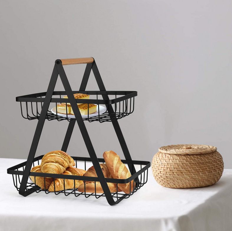 2-Layer  Foldable  Double-layer Portable Iron Basket Kitchen Storage Basket Storage Rack Fruit Basket