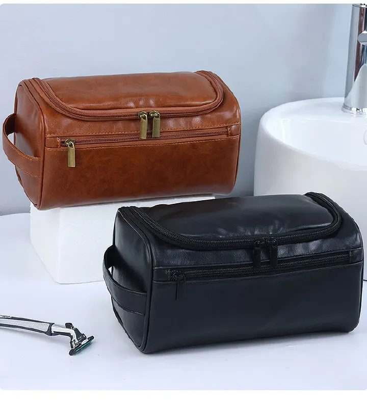 High Quality PU Leather Portable Storage Bag Toiletries Storage Hanging Waterproof Toiletry Bag Travel Cosmetic Organizer Women Men's Large Travel Shaving Kit Bag