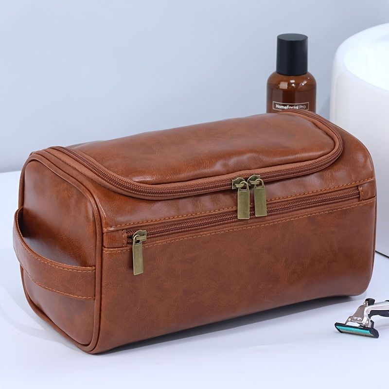 High Quality PU Leather Portable Storage Bag Toiletries Storage Hanging Waterproof Toiletry Bag Travel Cosmetic Organizer Women Men's Large Travel Shaving Kit Bag