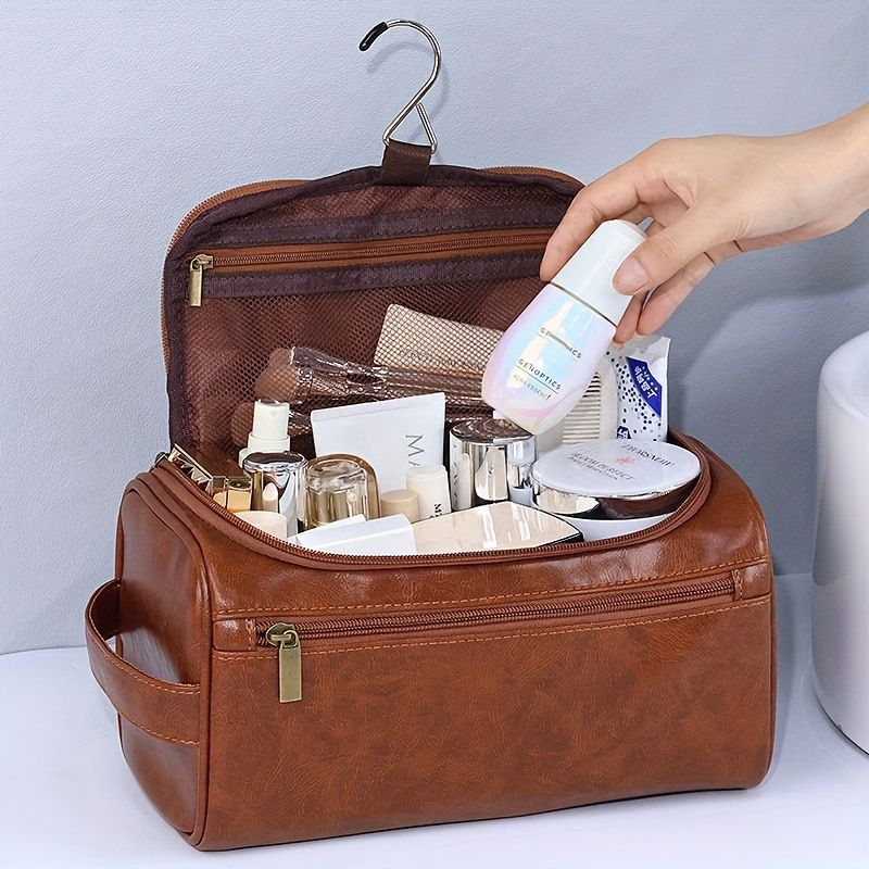High Quality PU Leather Portable Storage Bag Toiletries Storage Hanging Waterproof Toiletry Bag Travel Cosmetic Organizer Women Men's Large Travel Shaving Kit Bag