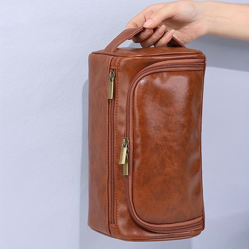 High Quality PU Leather Portable Storage Bag Toiletries Storage Hanging Waterproof Toiletry Bag Travel Cosmetic Organizer Women Men's Large Travel Shaving Kit Bag
