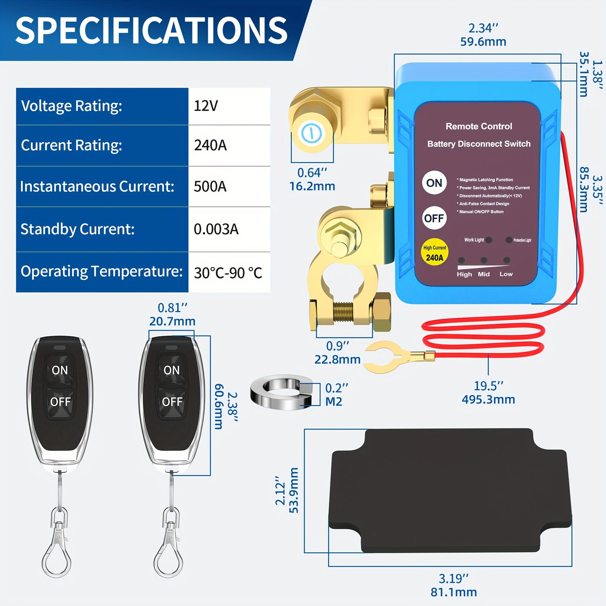 Remote Battery Disconnect Switch Start Inhibitor 12V 240A Kill Switch Automatic Power Shut Off Switch Remote Control With 2 Keys For Car Truck Boat