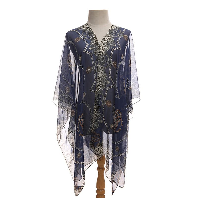 Plus Size Chain Print V Neck Shawl Top Elegant Long Sleeve Blouse Spring Summer Outwear, Women's Plus Size UV Protection Sunscreen Scarf
