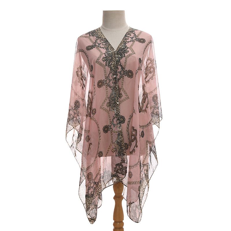 Plus Size Chain Print V Neck Shawl Top Elegant Long Sleeve Blouse Spring Summer Outwear, Women's Plus Size UV Protection Sunscreen Scarf