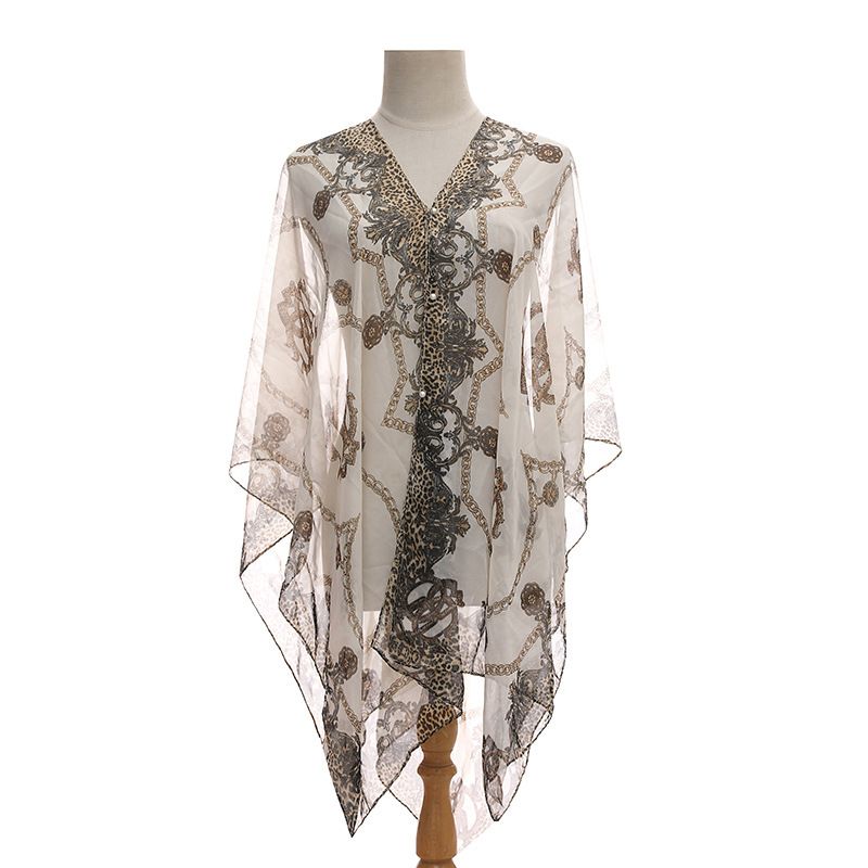 Plus Size Chain Print V Neck Shawl Top Elegant Long Sleeve Blouse Spring Summer Outwear, Women's Plus Size UV Protection Sunscreen Scarf