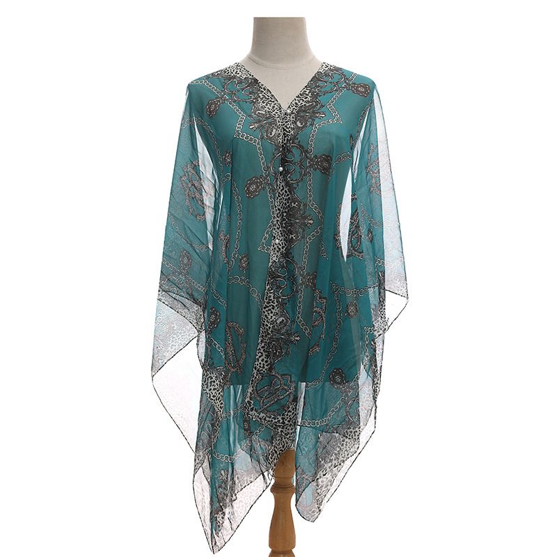 Plus Size Chain Print V Neck Shawl Top Elegant Long Sleeve Blouse Spring Summer Outwear, Women's Plus Size UV Protection Sunscreen Scarf