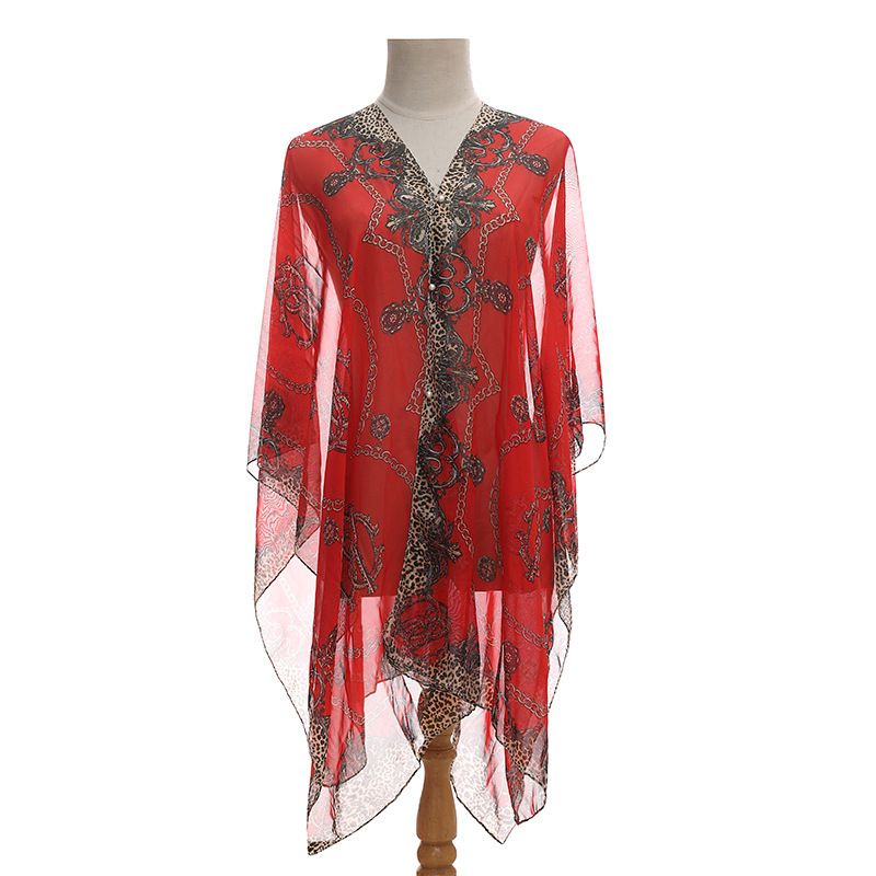 Plus Size Chain Print V Neck Shawl Top Elegant Long Sleeve Blouse Spring Summer Outwear, Women's Plus Size UV Protection Sunscreen Scarf