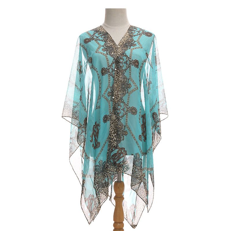 Plus Size Chain Print V Neck Shawl Top Elegant Long Sleeve Blouse Spring Summer Outwear, Women's Plus Size UV Protection Sunscreen Scarf