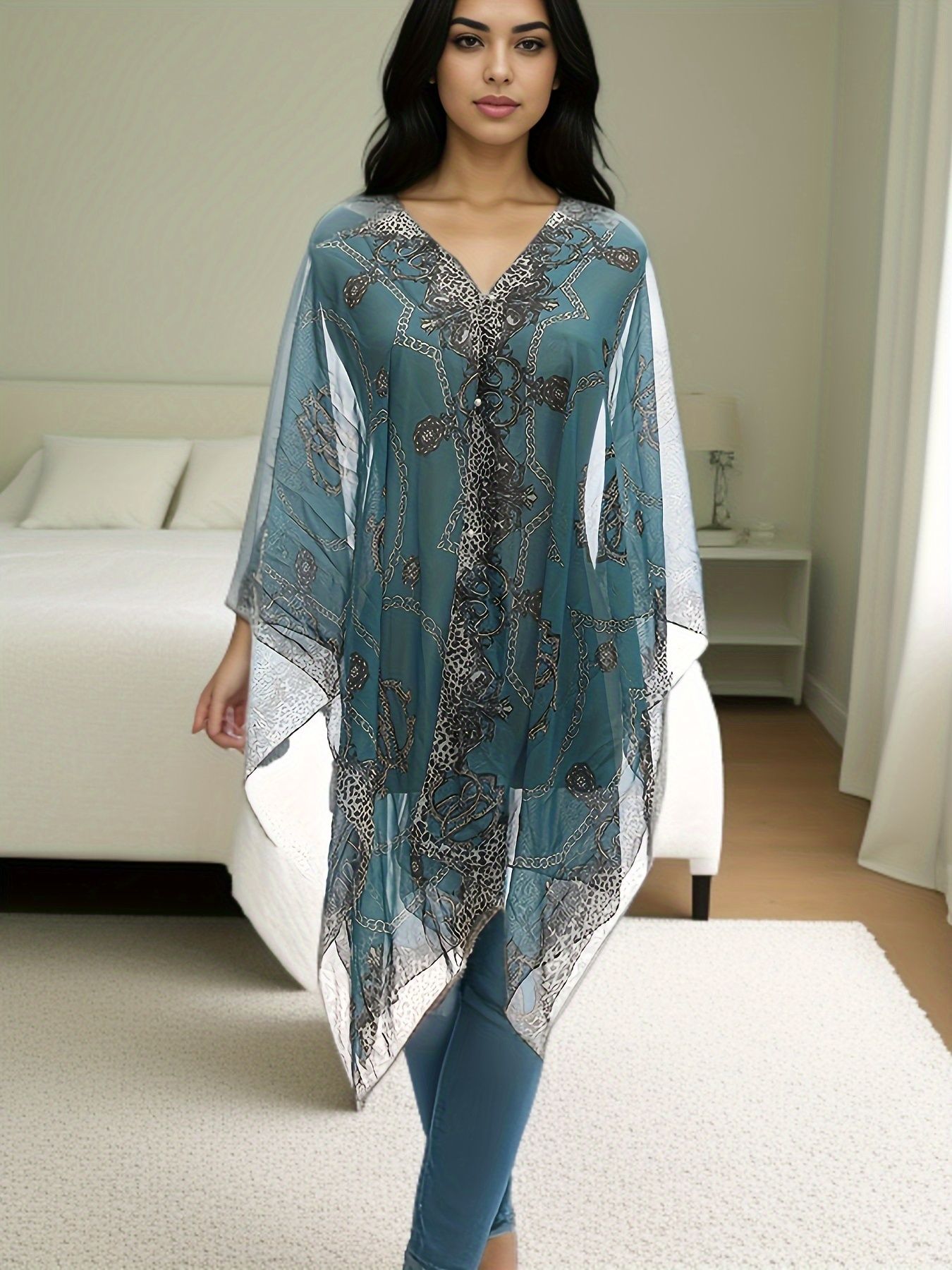 Plus Size Chain Print V Neck Shawl Top Elegant Long Sleeve Blouse Spring Summer Outwear, Women's Plus Size UV Protection Sunscreen Scarf