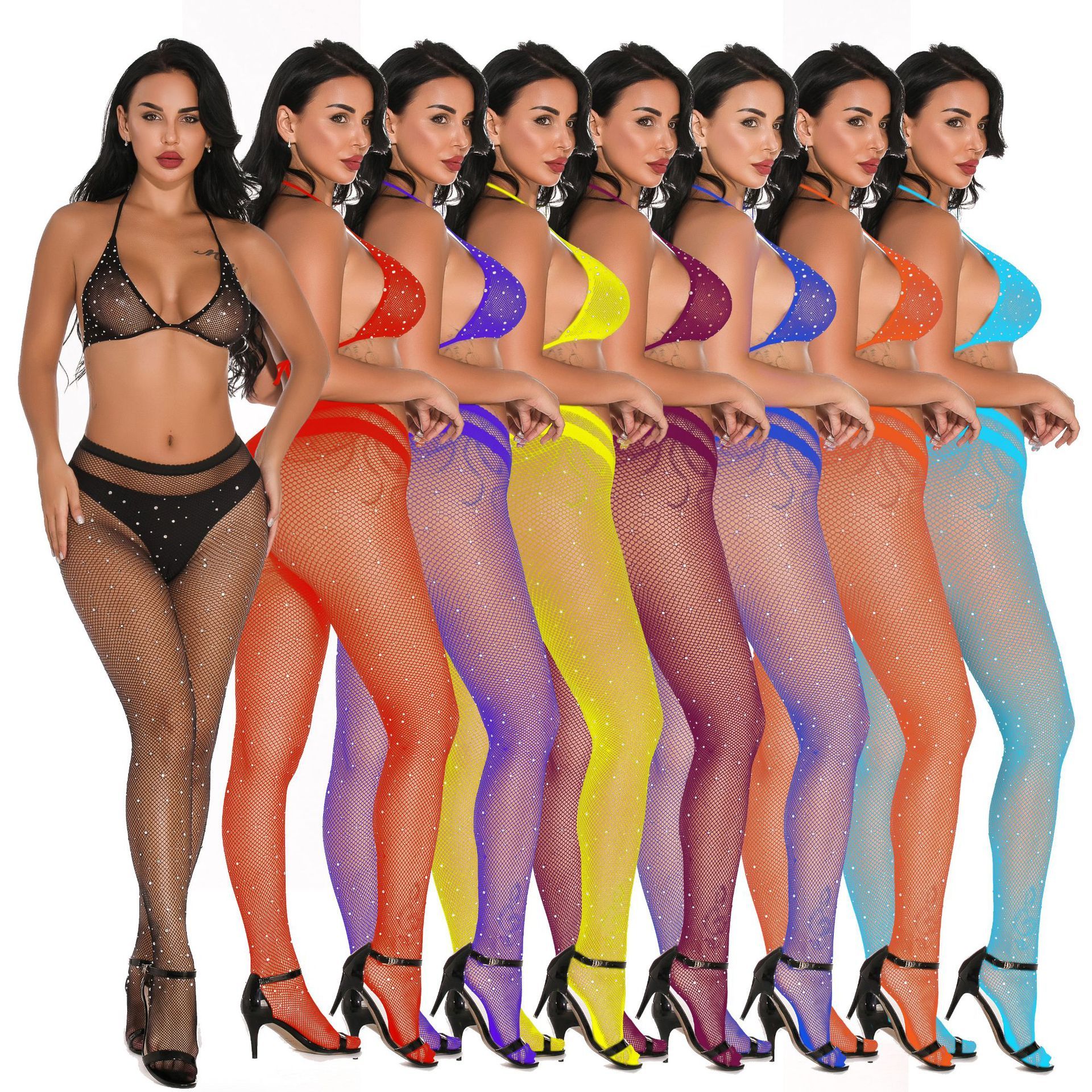 A Set of Women Crystal Bikini Fishnet Bodystocking Sexy Lingerie Bodysuit Nightclub Stocking and Bra Sleepwear Nightwear for Sex Gift for Girlfriend Wife