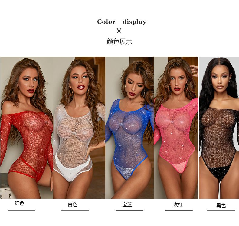 Women Crystal Crotchless Fishnet Bodystocking Sexy Lingerie Stretch Open Crotch Bodysuit Nightclub Dress Stocking Sleepwear Nightwear for Sex Gift for Girlfriend Wife