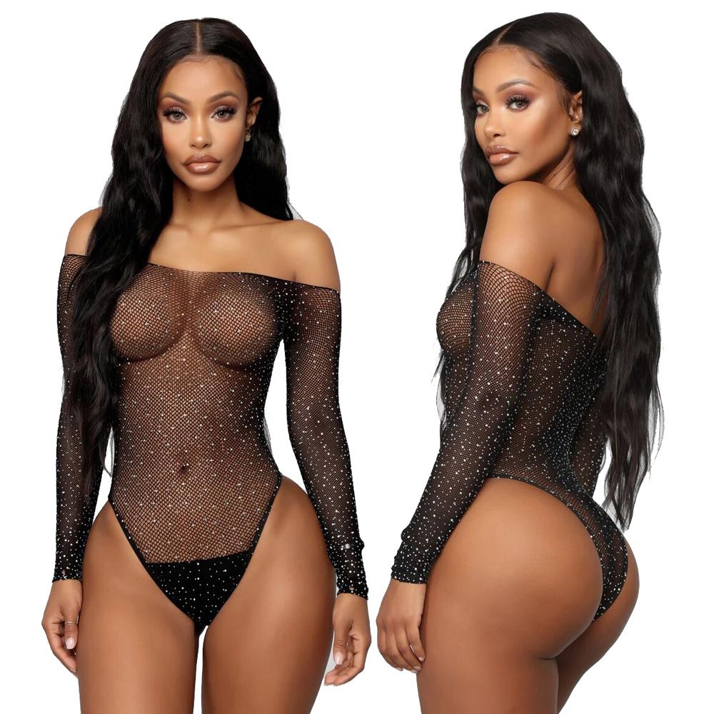 Women Crystal Crotchless Fishnet Bodystocking Sexy Lingerie Stretch Open Crotch Bodysuit Nightclub Dress Stocking Sleepwear Nightwear for Sex Gift for Girlfriend Wife