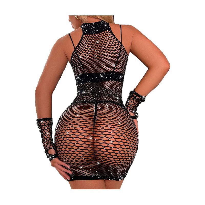 Women Crystal Crotchless Fishnet Bodystocking Sexy Lingerie Stretch Open Crotch Bodysuit Nightclub Dress Stocking Sleepwear Nightwear for Sex Gift for Girlfriend Wife