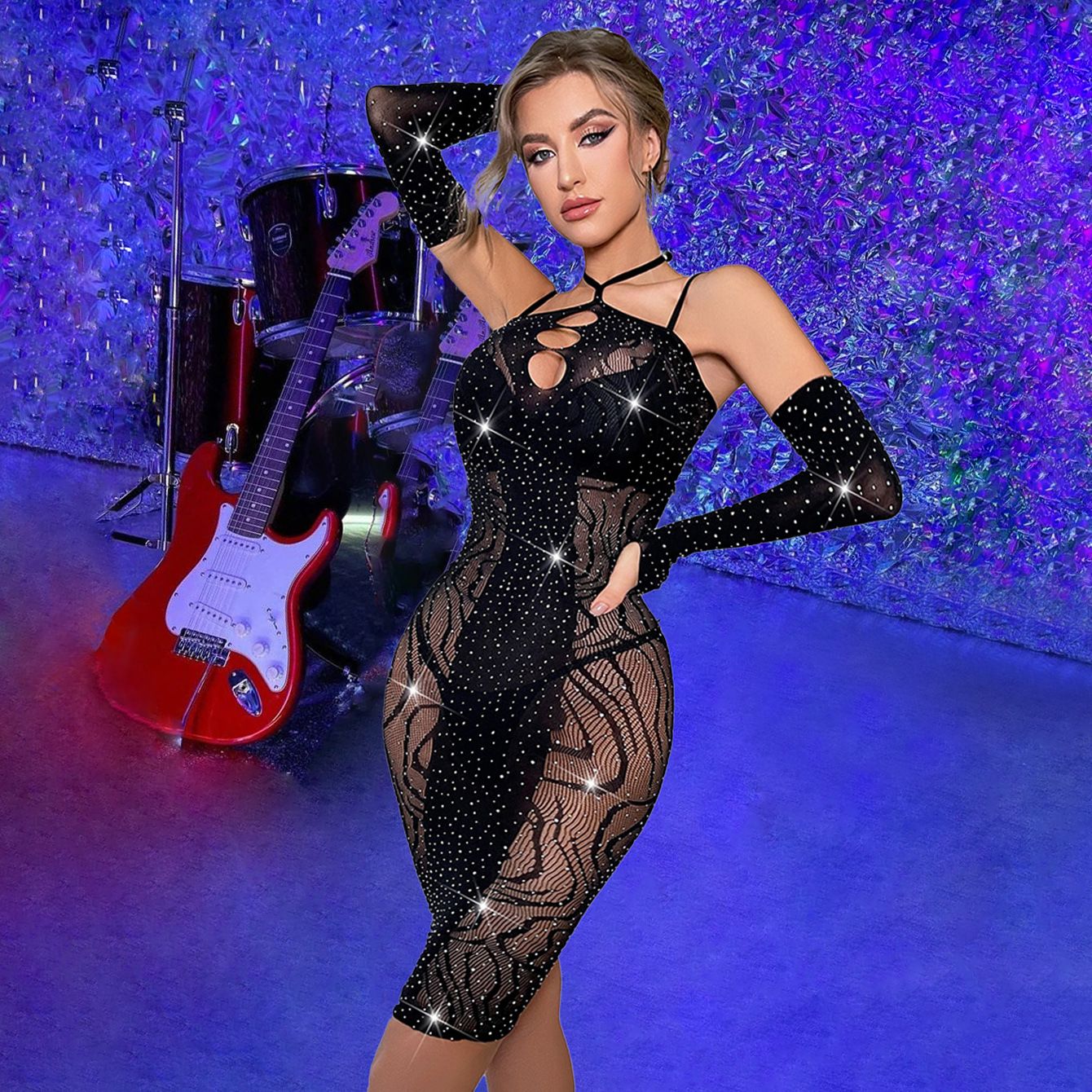 Women Crystal Crotchless Fishnet Bodystocking Sexy Lingerie Stretch Open Crotch Bodysuit Nightclub Dress Stocking Sleepwear Nightwear for Sex Gift for Girlfriend Wife