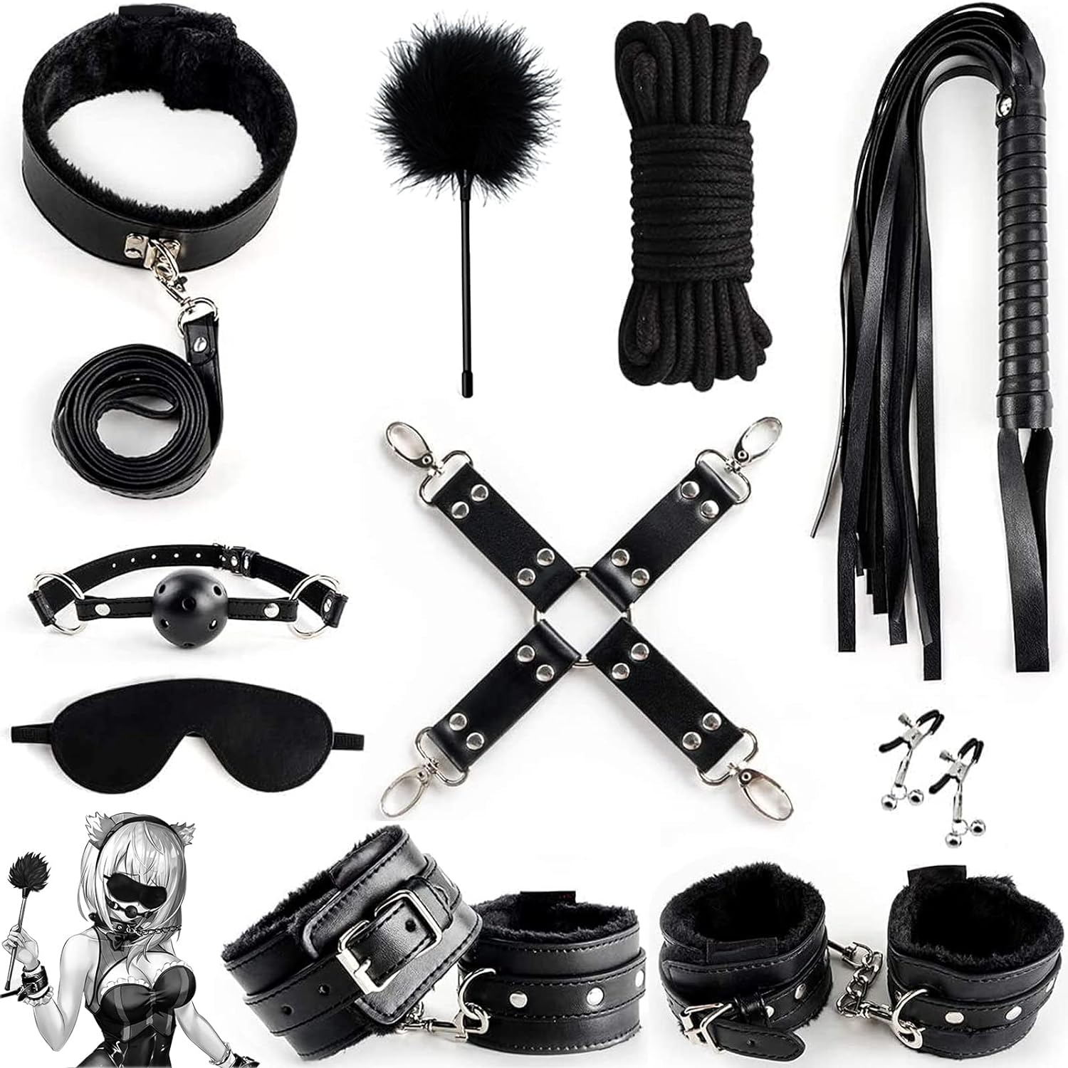 Sex Bondage Kit for Women: 10 PCS Restraint Leather Set Sex Toy with Sex Blindfold Handcuffs and Ankle Cuffs BDSM Whip Sex Rope, Bondage Restraint Kits for Couples SM Games, Restraint Set for Sex RED