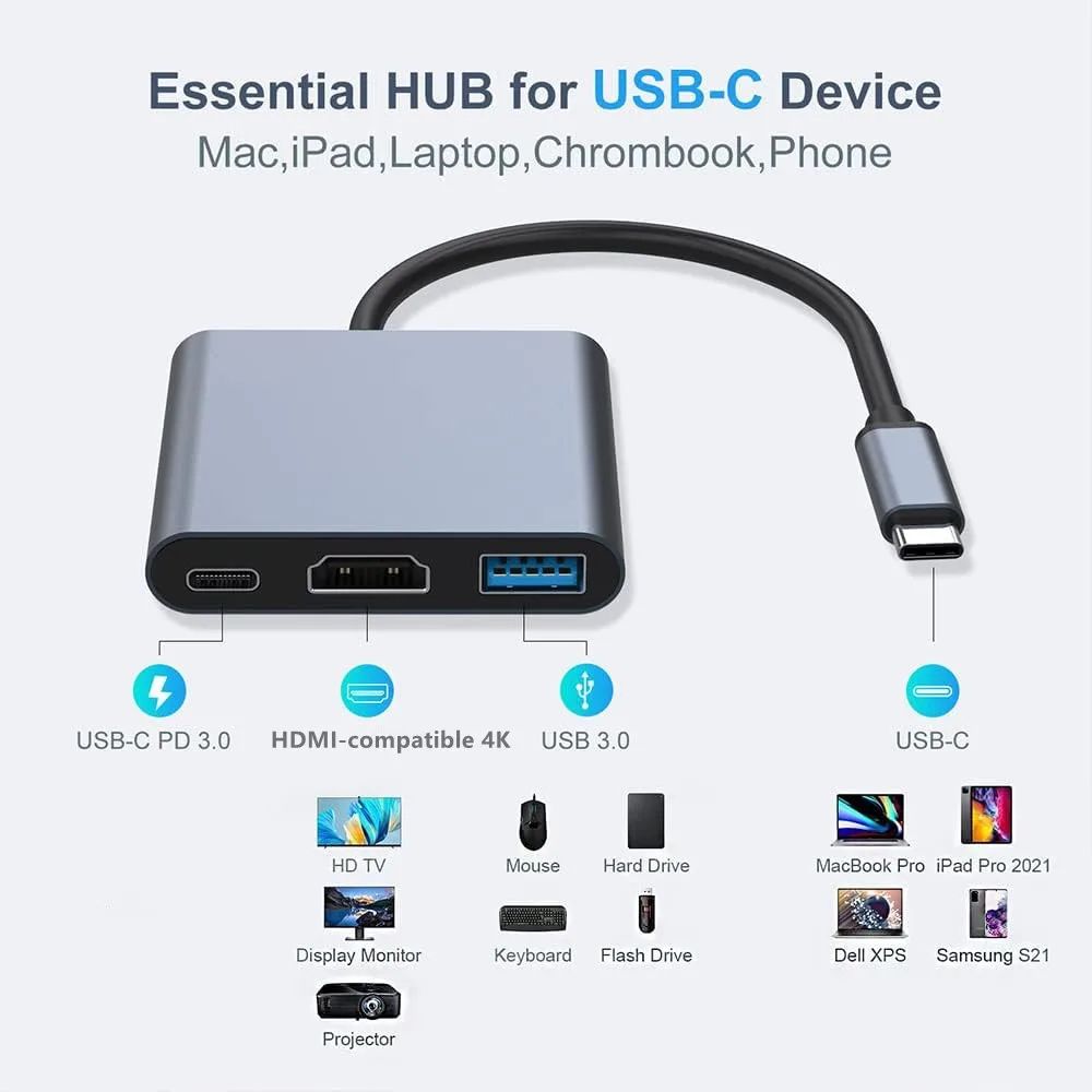 3 in 1 USB-C Hub with 4K HDMI-compatible USB 3.0 Port PD Quick Charging Docking Station for Mac Pro/Air Huawei Samsung Laptop