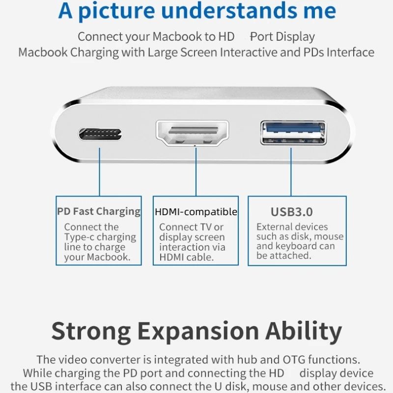 3 in 1 USB-C Hub with 4K HDMI-compatible USB 3.0 Port PD Quick Charging Docking Station for Mac Pro/Air Huawei Samsung Laptop