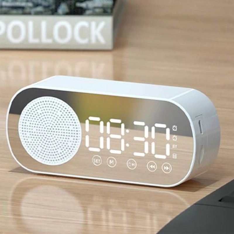 Intelligence LED Wireless Bluetooth-compatible Speaker Mirror Surface Clock Double Alarm Support TF Card FM Radio Sound Bar