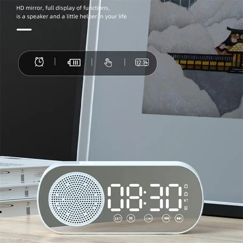 Intelligence LED Wireless Bluetooth-compatible Speaker Mirror Surface Clock Double Alarm Support TF Card FM Radio Sound Bar