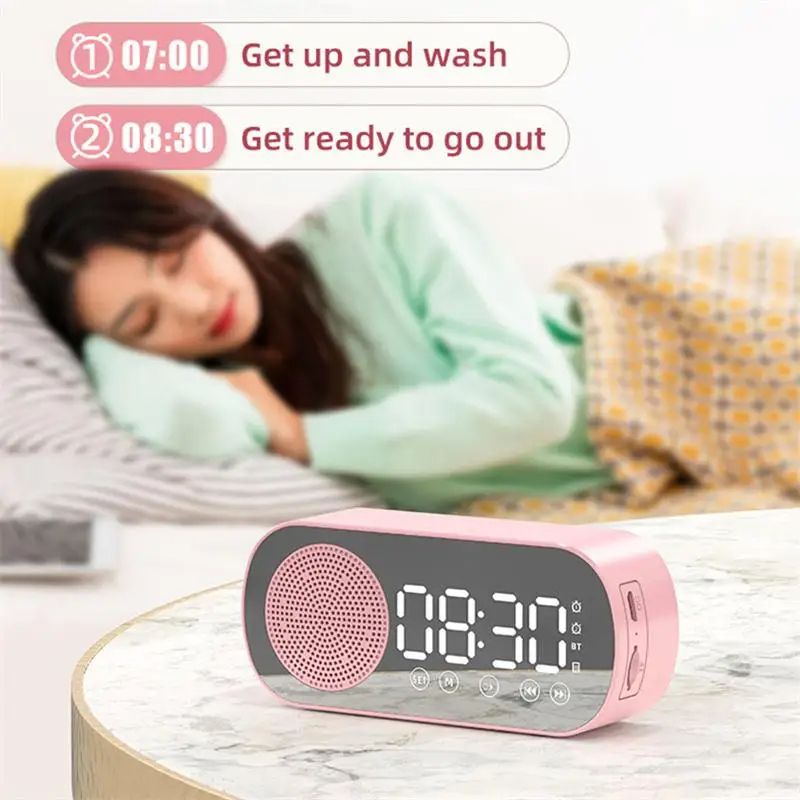 Intelligence LED Wireless Bluetooth-compatible Speaker Mirror Surface Clock Double Alarm Support TF Card FM Radio Sound Bar
