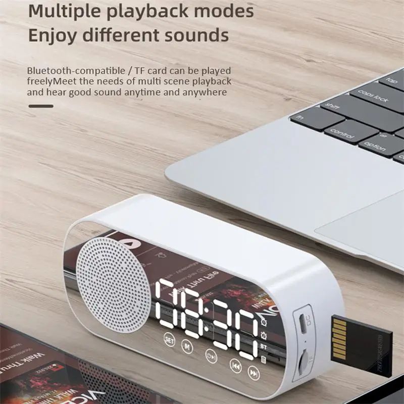Intelligence LED Wireless Bluetooth-compatible Speaker Mirror Surface Clock Double Alarm Support TF Card FM Radio Sound Bar