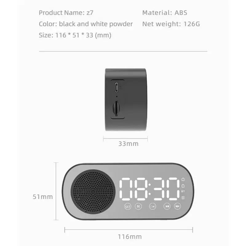Intelligence LED Wireless Bluetooth-compatible Speaker Mirror Surface Clock Double Alarm Support TF Card FM Radio Sound Bar