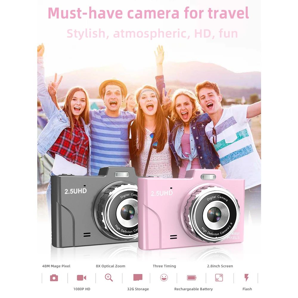 1080P Kids Camera Compact Camera 48MP Dual Lenses 8× Optical Zoom Mini CCD Camera 2.8in TFT Screen Great Gift for Boys Girls Kid