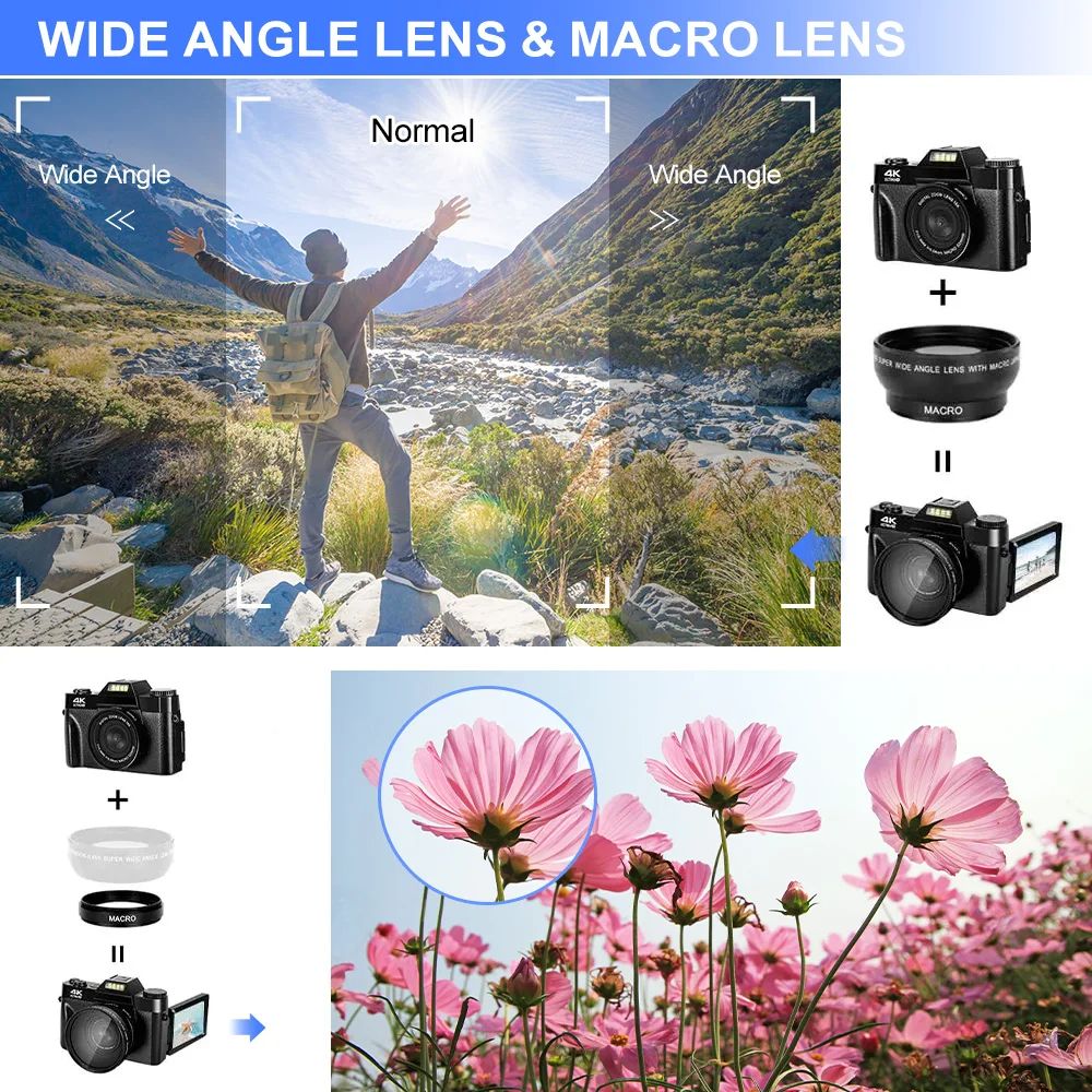 48MP Digital Photography Camera 16X Digital Zoom 4K WIFI Retro Vlog Recorder YouTube 3 "Flip Screen Compact Digital Camera