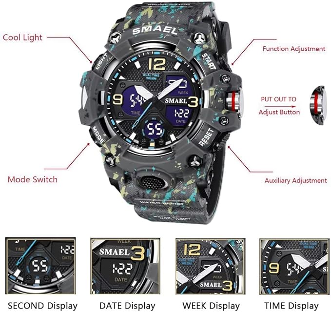 Men's Watches Military Outdoor Waterproof Sports Wrist Watch Date Multi Function LED Alarm Stopwatch, Digital Watches for Mens