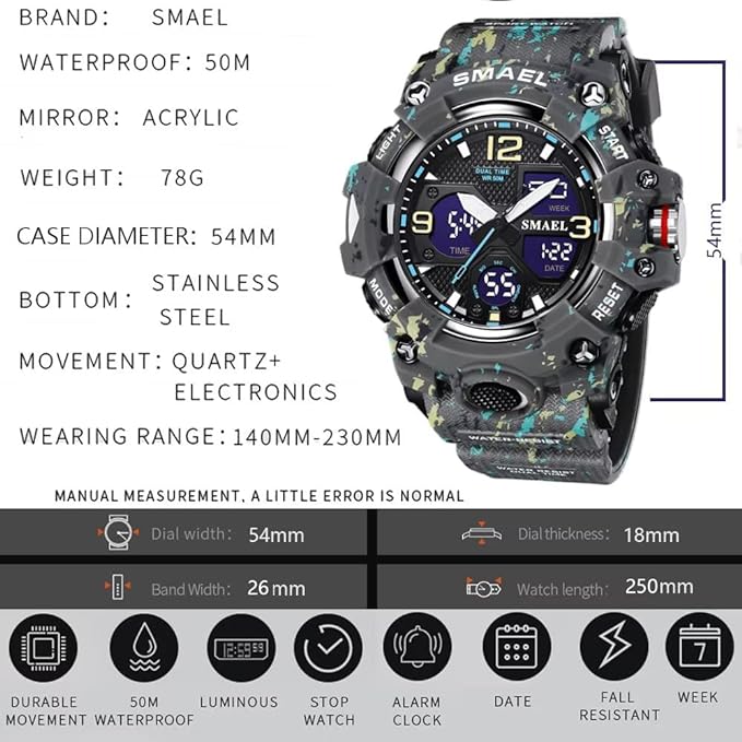 Men's Watches Military Outdoor Waterproof Sports Wrist Watch Date Multi Function LED Alarm Stopwatch, Digital Watches for Mens