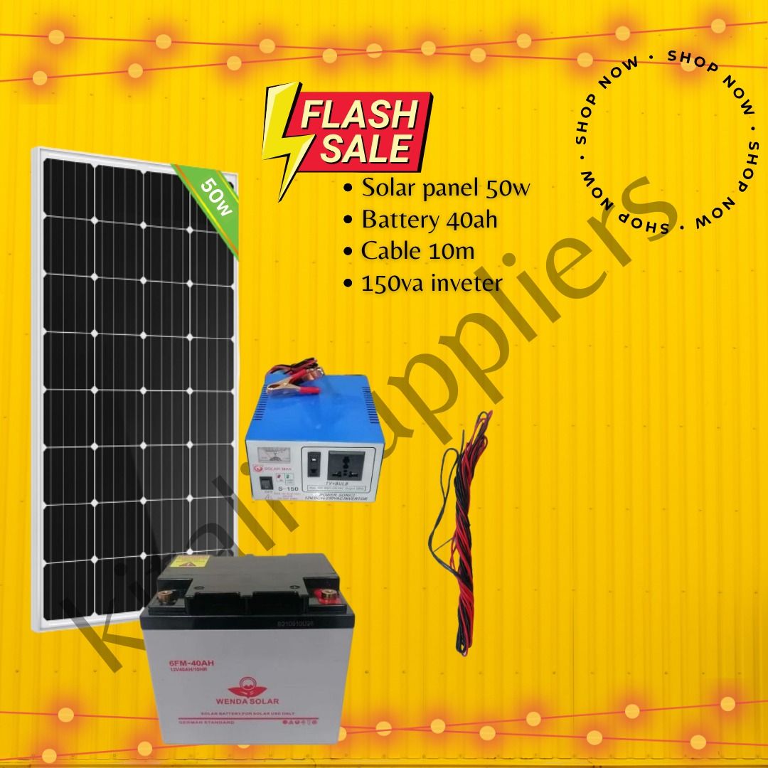 50W Solar Panel Kit with 40Ah Battery, 150VA Inverter & 10m Cable | Off-Grid Power Solution