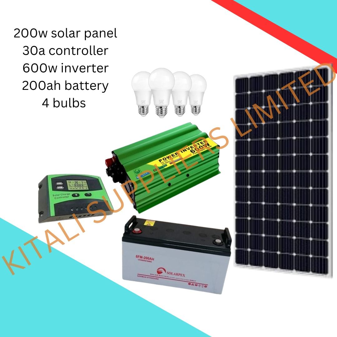 200W Solar Kit with 200Ah Battery, 600W Inverter & 4 Bulbs